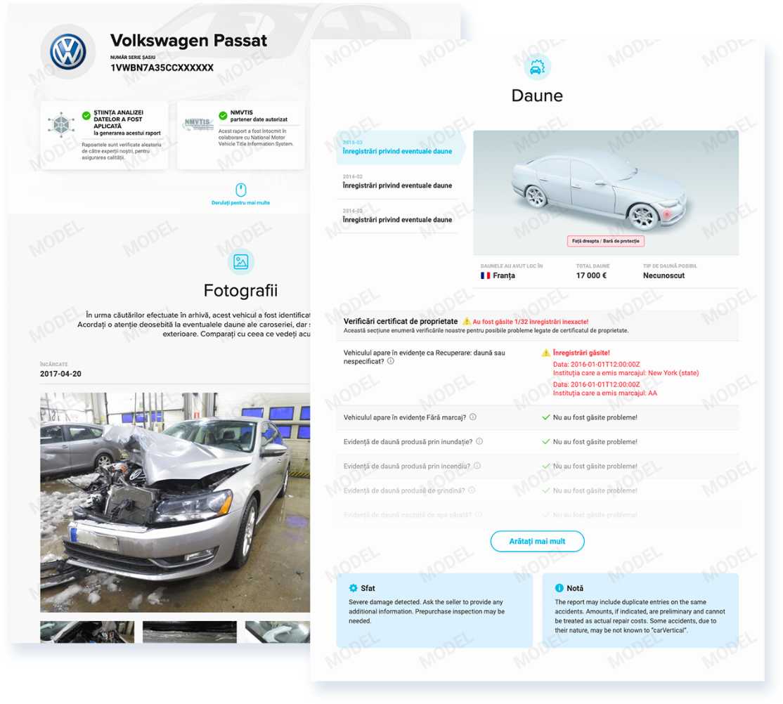 Model de raport carVertical cu istoricul unei mașini